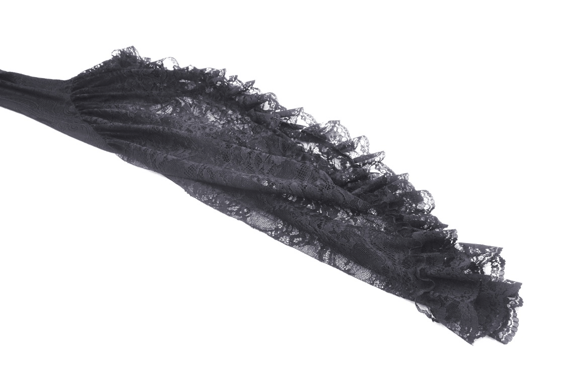 Dark lace bell sleeve detail showcasing delicate ruffles for a gothic Victorian look.