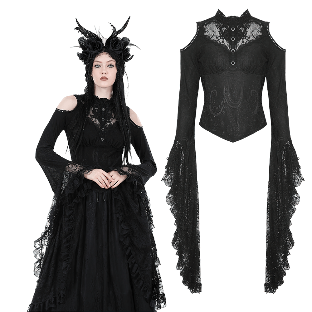 Gothic Victorian off-shoulder black lace top with flared sleeves and bell sleeves, ideal for dark and elegant styles.