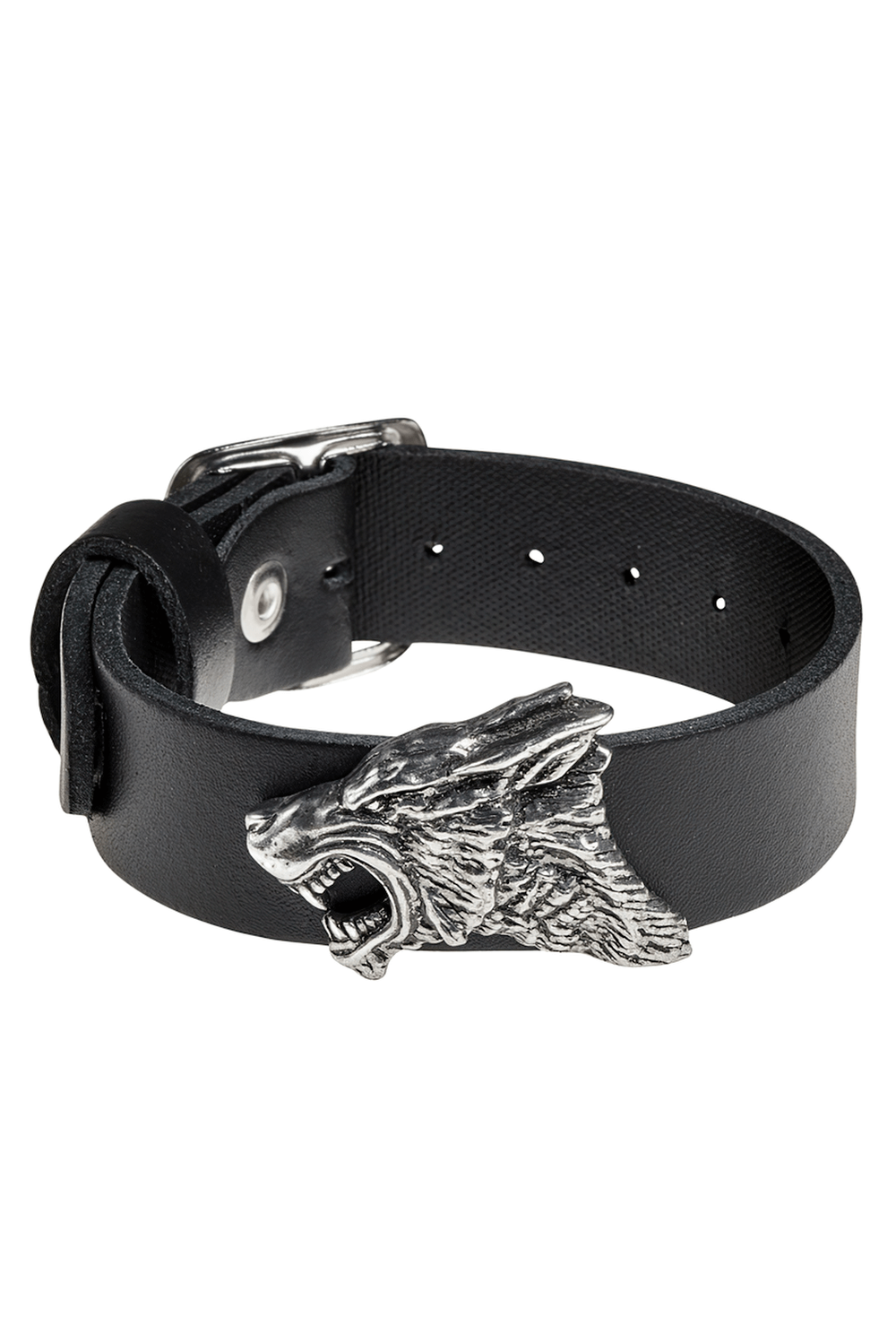 Dark Leather Wrist Strap with Pewter Wolf Head featuring a powerful wolf design and black leather band.
