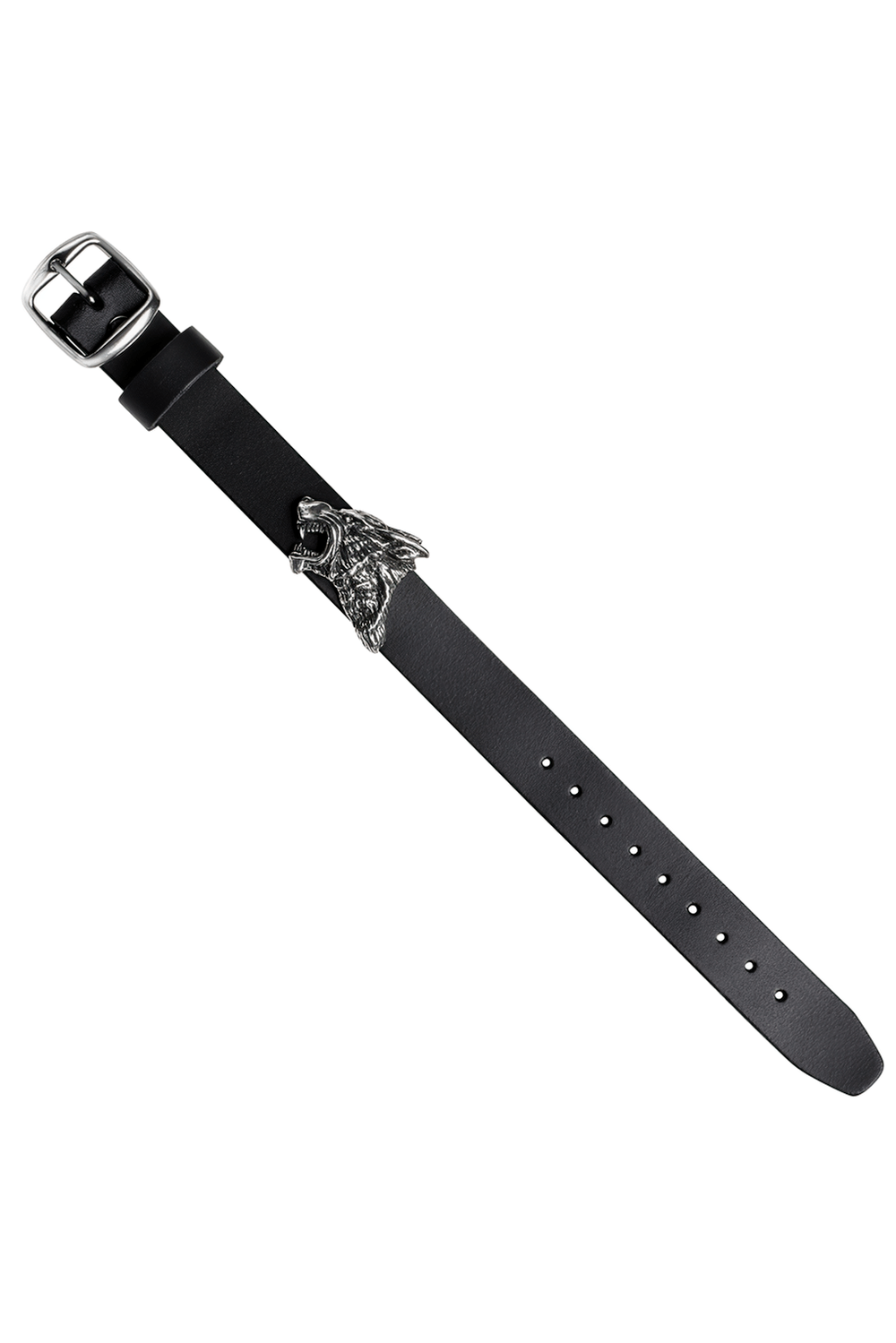 Dark Leather Wrist Strap with Pewter Wolf Head showcasing a sleek black band and striking wolf head design.