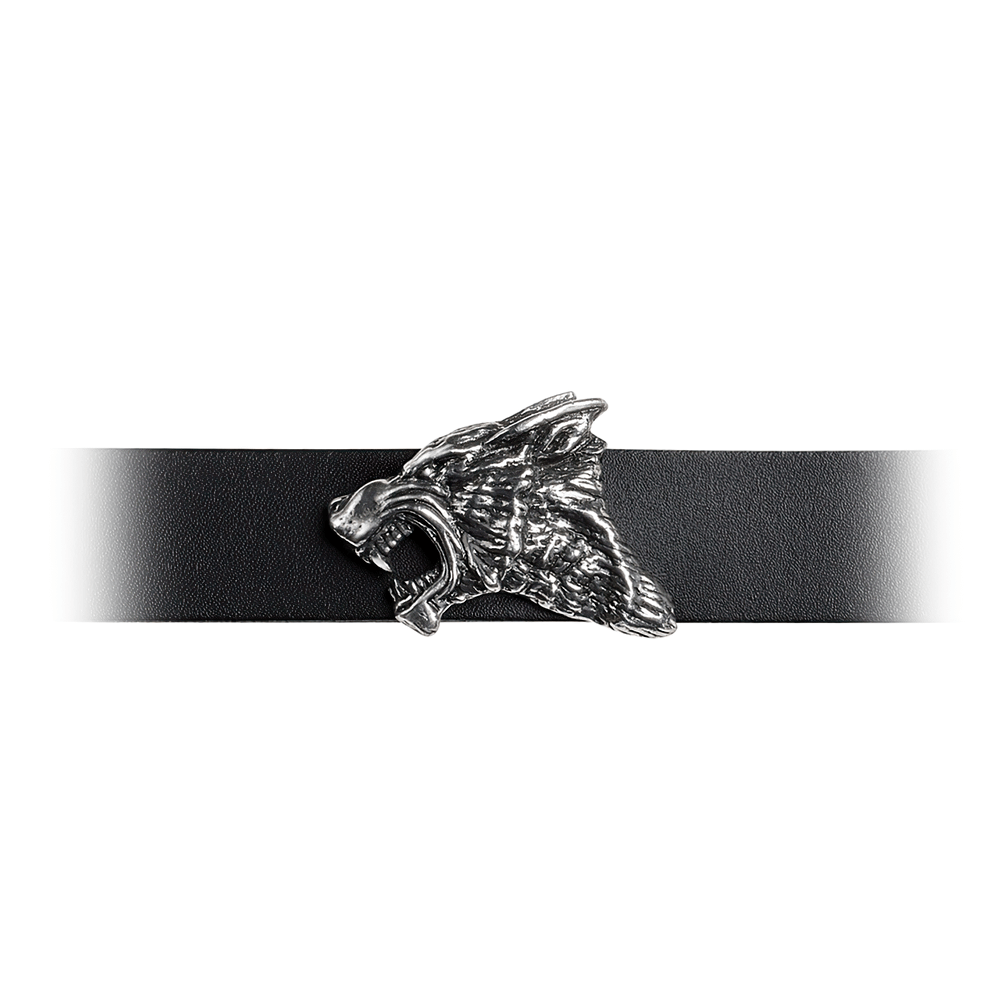 Dark Leather Wrist Strap with Pewter Wolf Head featuring a fierce wolf head design in pewter.