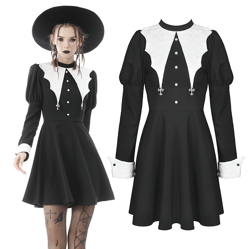 Dark Lolita Bat Print Dress with White Collar and Cuffs