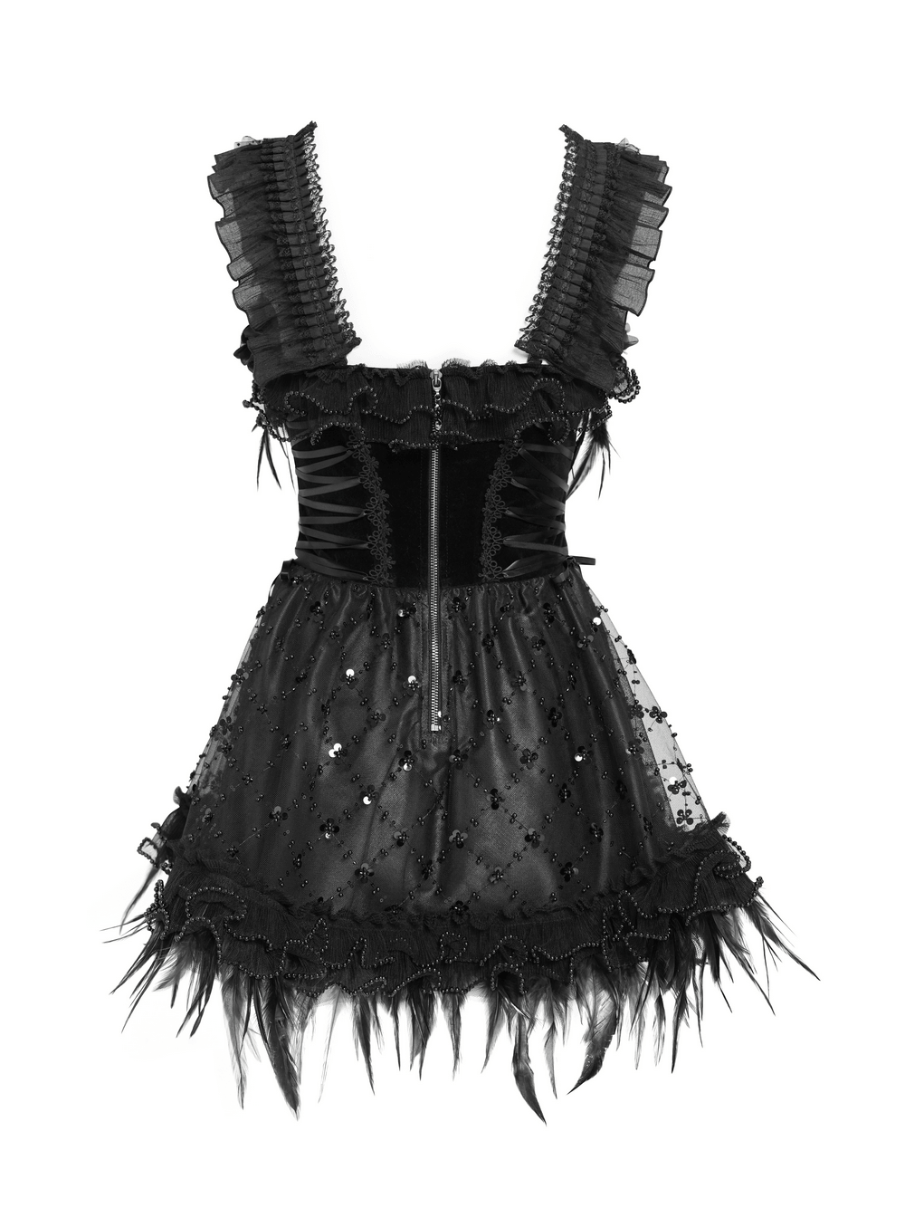 Dark Lolita Party Dress with Lace-Up Back Detail, gothic feather-trim corset mini dress with ruffles