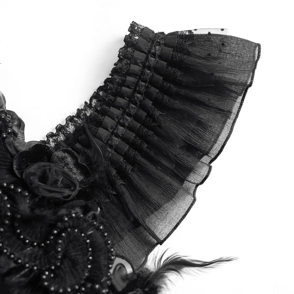 Dark Lolita Party Dress with Lace-Up Back Detail, gothic lace ruffle and feather-trim mini dress