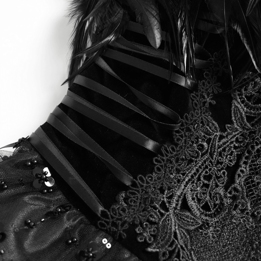 Dark Lolita Party Dress with Lace-Up Back Detail, gothic black mini dress with ruffles, lace, and feather trim