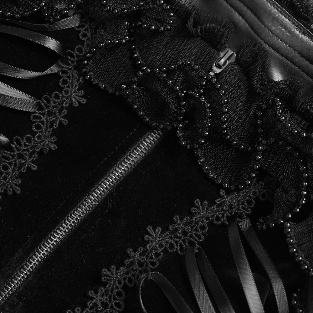 Dark Lolita Party Dress with Lace-Up Back Detail, gothic black mini dress with ruffles, beads, lace, and sheer mesh