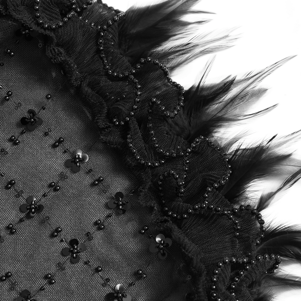 Dark Lolita Party Dress with Lace-Up Back Detail, black Gothic mini dress with lace, pearls, and feather trim