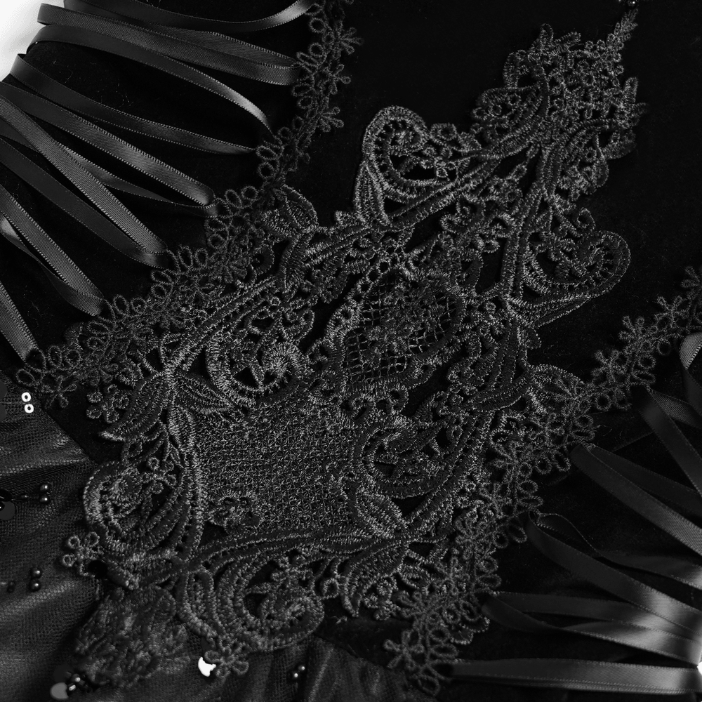 Dark Lolita Party Dress with Lace-Up Back Detail, black gothic mini dress with lace trim, corset bodice and ruffles