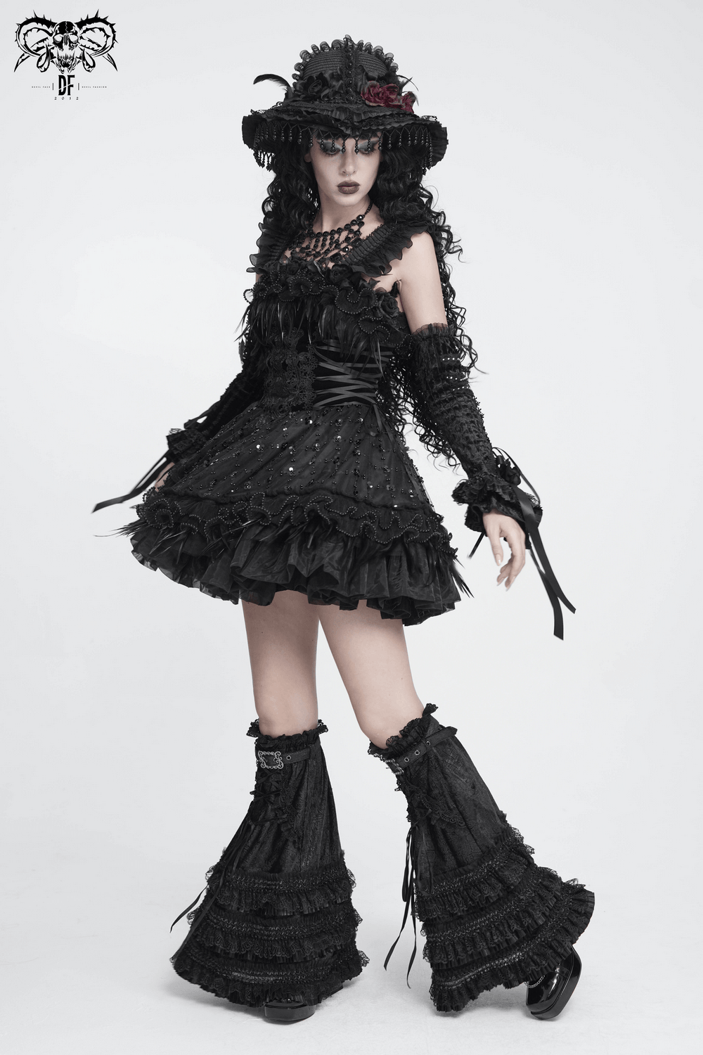 Dark Lolita Party Dress with Lace-Up Back Detail, gothic black mini dress with ruffles, feathers and corset styling