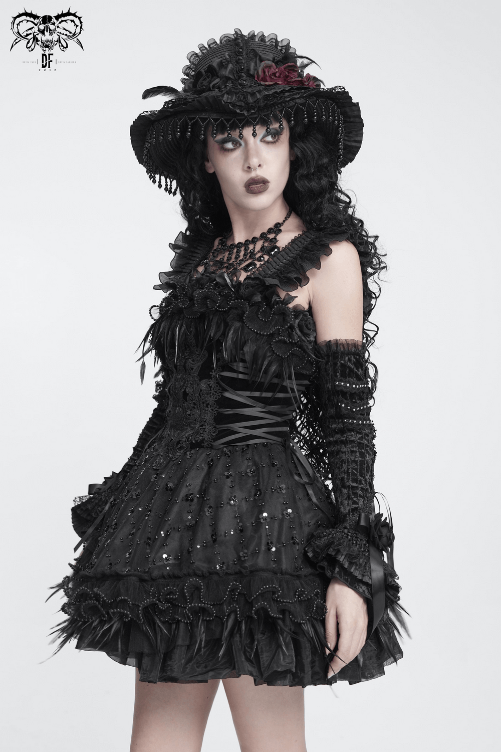Dark Lolita Party Dress with Lace-Up Back Detail, gothic black mini dress with ruffles, lace, and feather trim