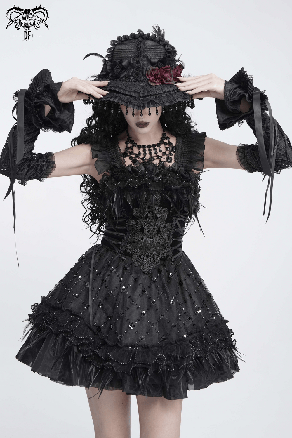 Dark Lolita Party Dress with Lace-Up Back Detail, black gothic mini dress with ruffles, feather trim and lace corset styling