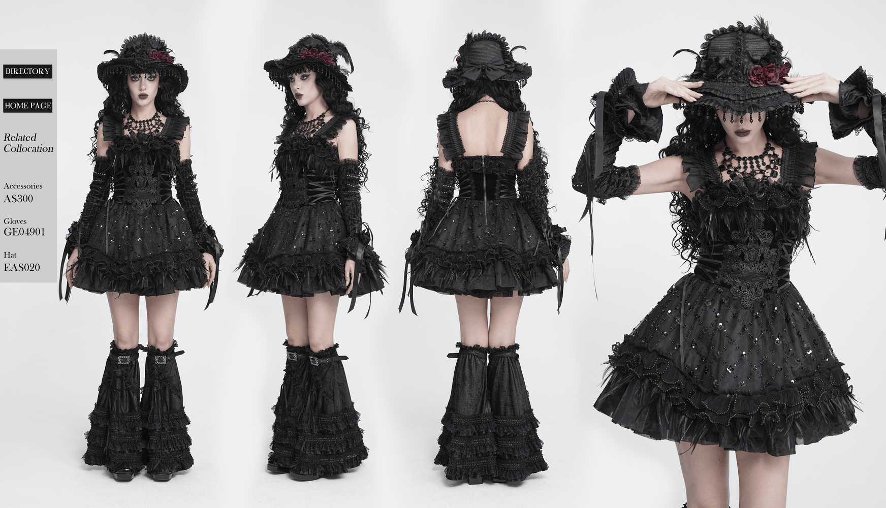 Dark Lolita Party Dress with Lace-Up Back Detail, gothic black corset mini dress with ruffles, lace and feather trim