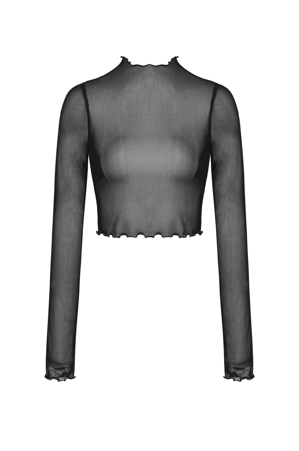 Sheer black mesh fishnet crop top with long sleeves for edgy goth-inspired layering.