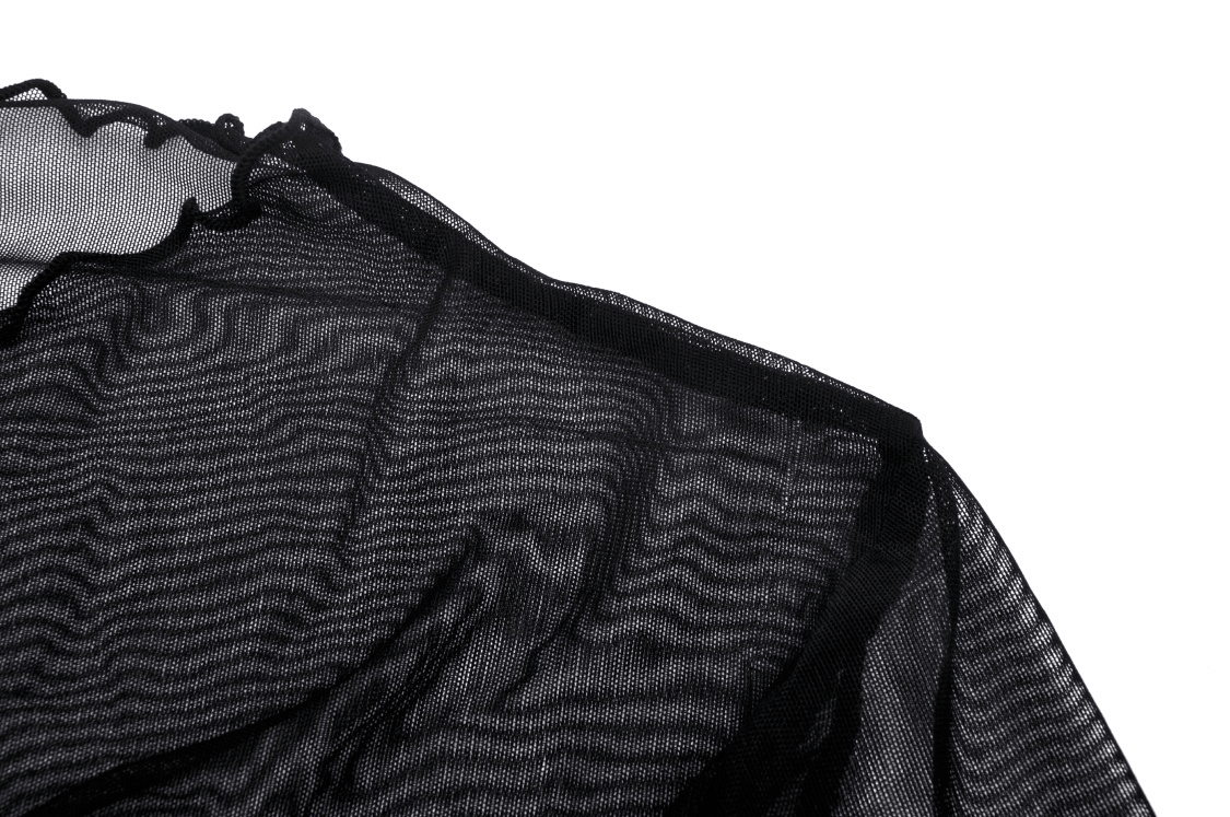 Sheer black mesh fishnet fabric showcasing a stylish crop top design, perfect for edgy gothic fashion layering.