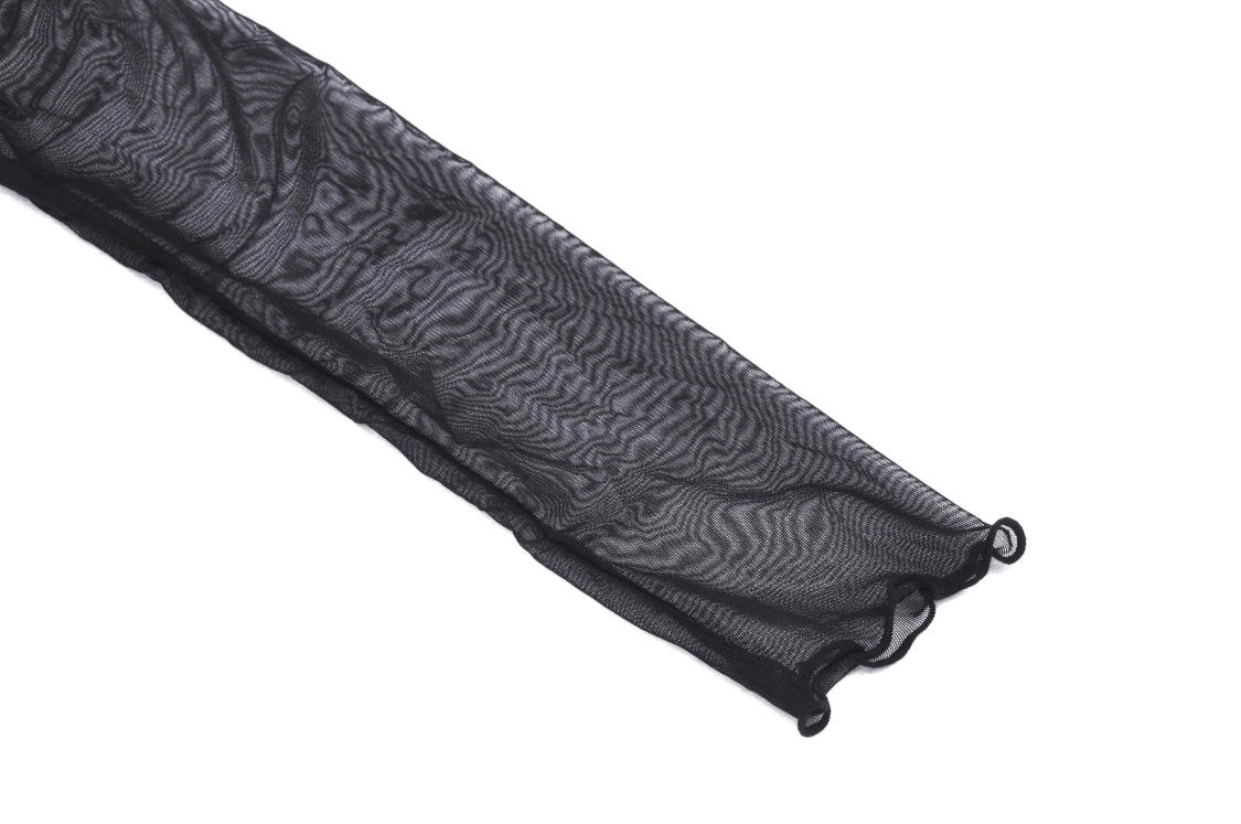 Close-up of a black sheer mesh fishnet sleeve for a gothic crop top, featuring a lightweight and edgy design.