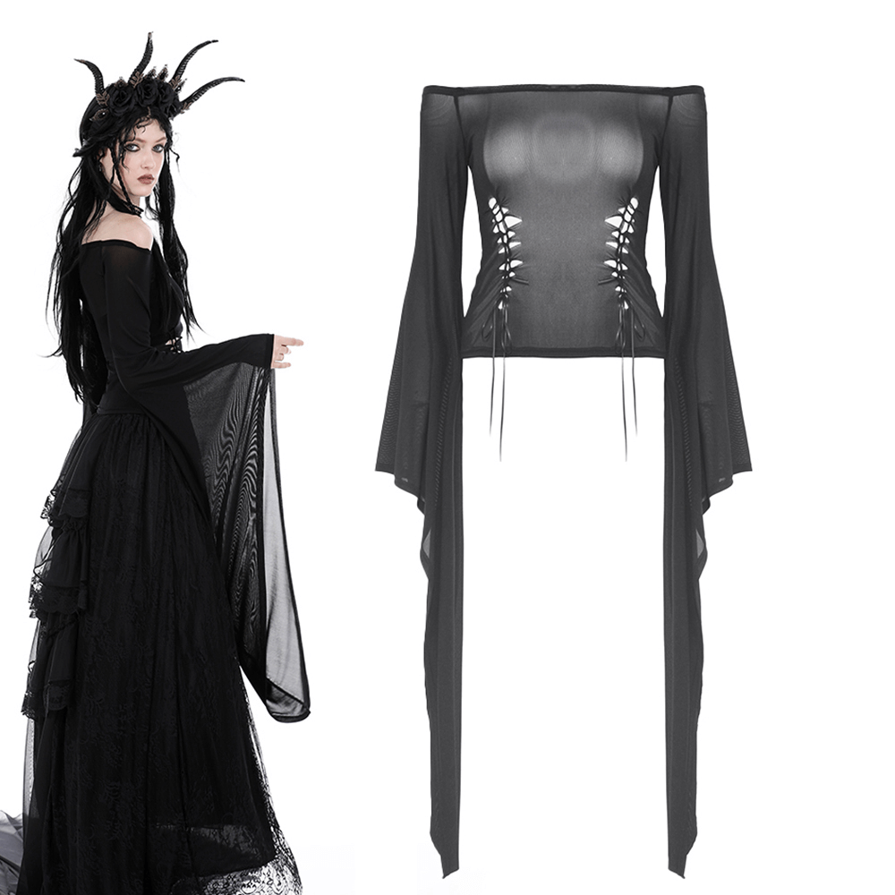 Gothic black mesh off-the-shoulder top with trumpet sleeves, perfect for nighttime allure and Halloween looks.
