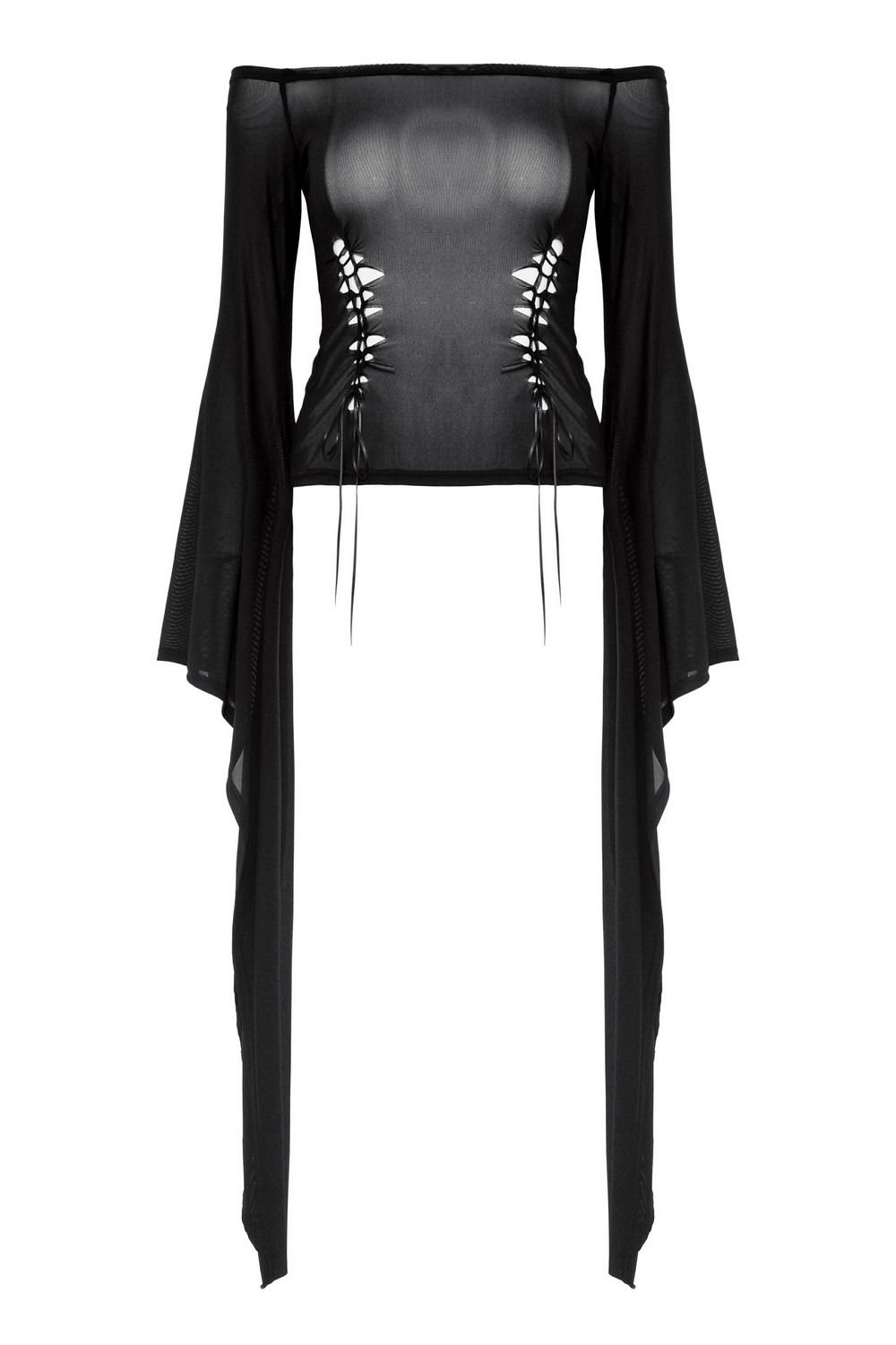 Dark mesh off-the-shoulder top with trumpet sleeves, perfect for gothic chic looks or Halloween parties.