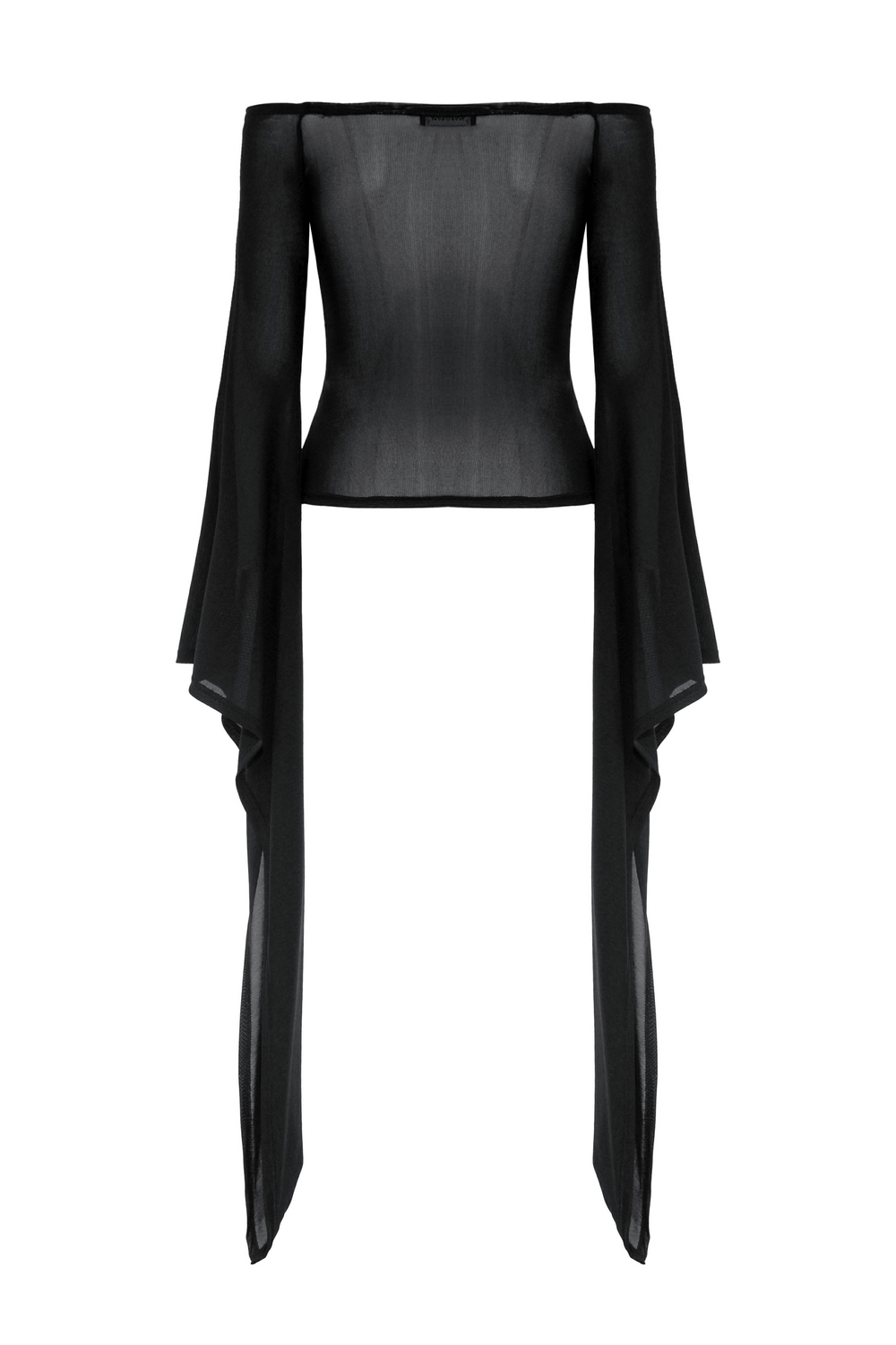 Dark mesh off-the-shoulder top with dramatic trumpet sleeves, perfect for gothic-inspired fashion.
