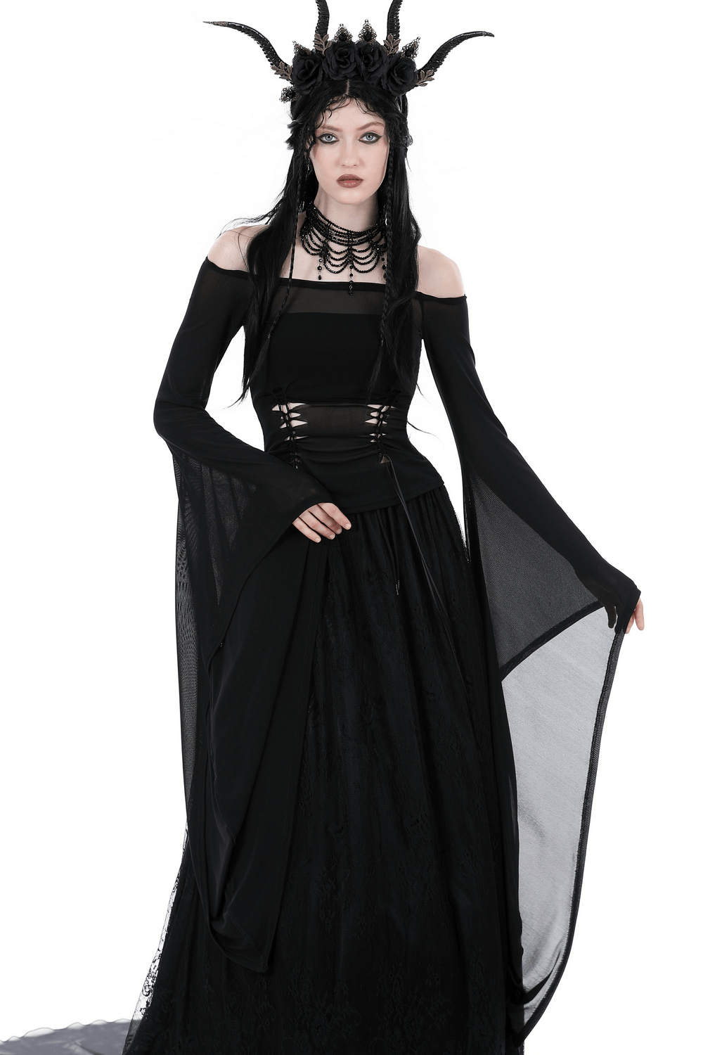 Gothic off-the-shoulder top with dramatic trumpet sleeves, perfect for a Halloween party or striking night out.