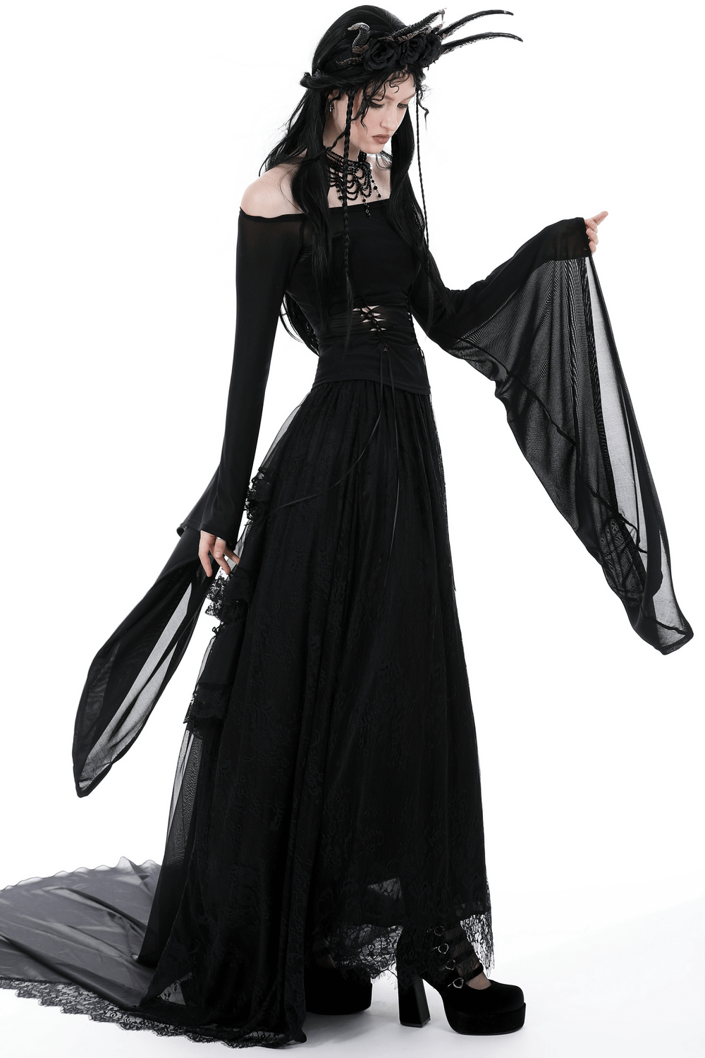 Gothic black mesh off-the-shoulder top with flowing trumpet sleeves, styled for a dramatic, dark look.