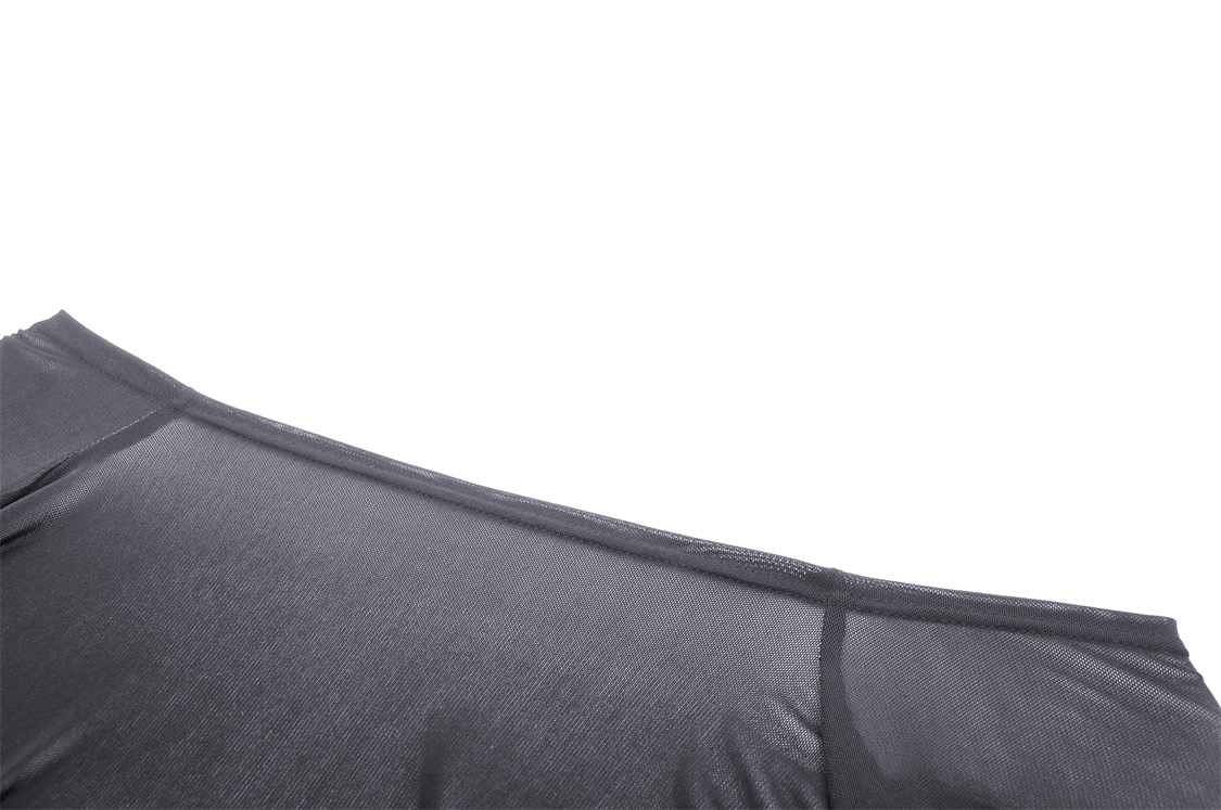 Close-up of dark mesh off-the-shoulder top showcasing the flowing trumpet sleeves in gothic style.