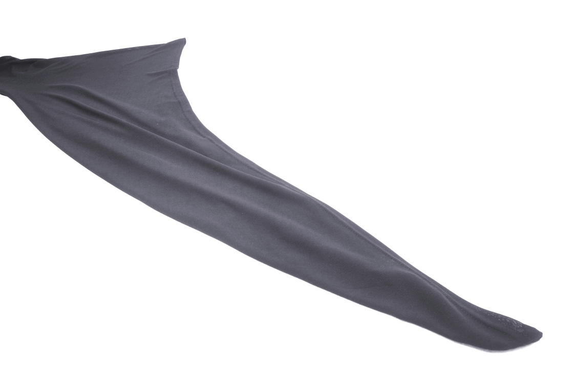 Dramatic dark mesh fabric showcasing a flowing trumpet sleeve design for gothic fashion.