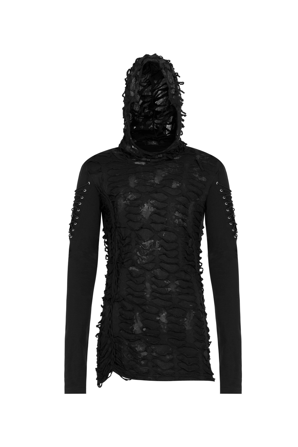 Gothic long sleeve ripped hoodie with lace-up details, perfect for a bold, mysterious outfit.