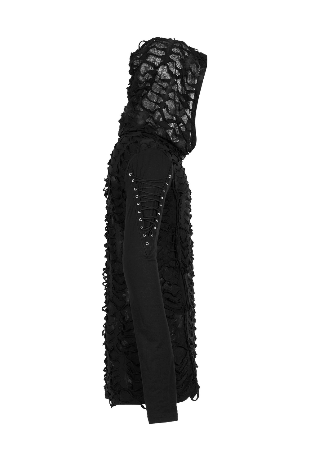 Dark mysterious long sleeves ripped hoodie with lace up detailing, featuring a unique black shredded design.