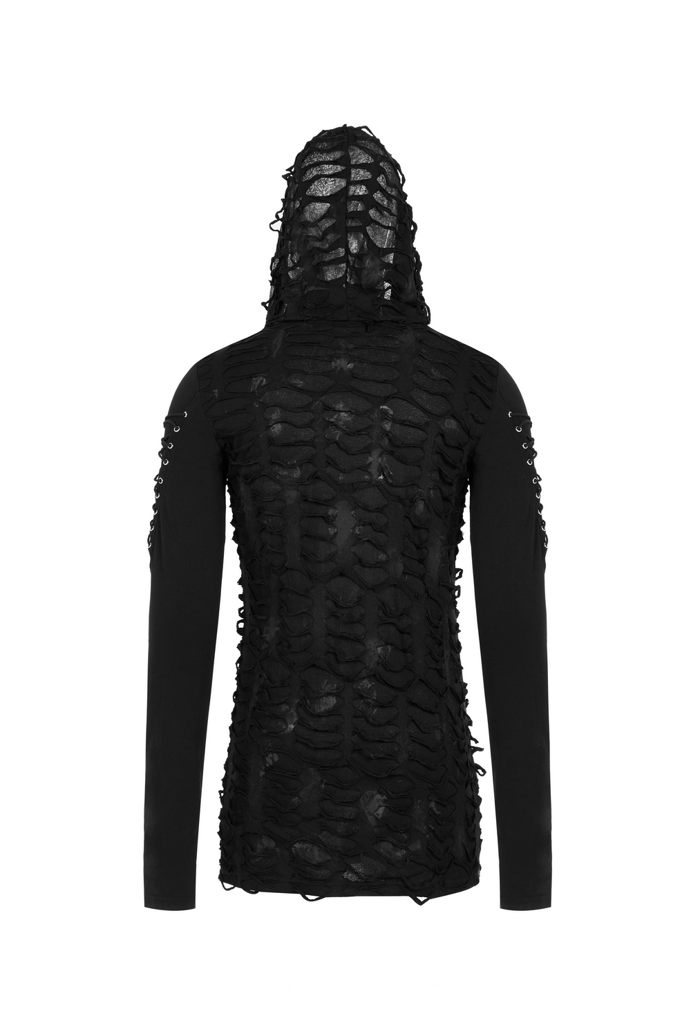 Black ripped gothic hoodie with lace-up sleeves, featuring an oversized hood and edgy long sleeves.