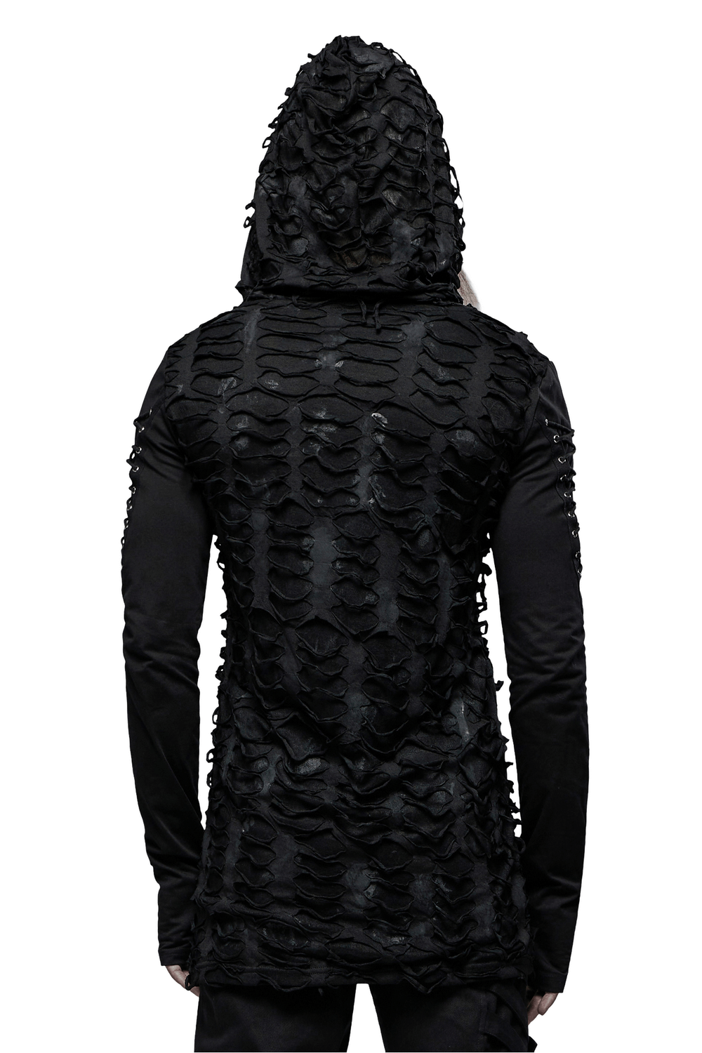 Back view of a dark, Gothic long sleeve hoodie featuring a ripped design and oversized hood, perfect for edgy styles.