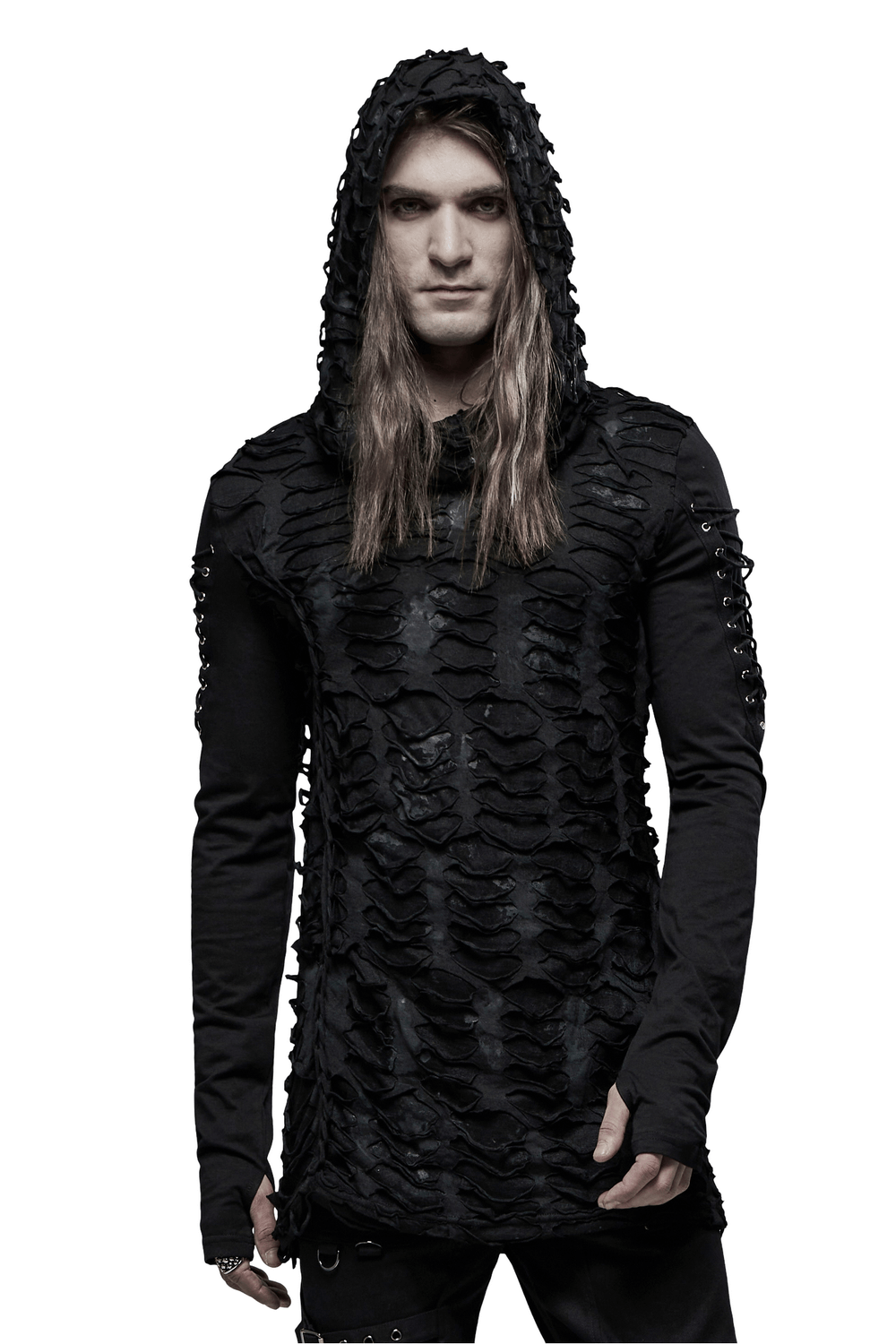 Model wearing a dark, gothic ripped hoodie with lace-up sleeves, showcasing an edgy and mysterious style.