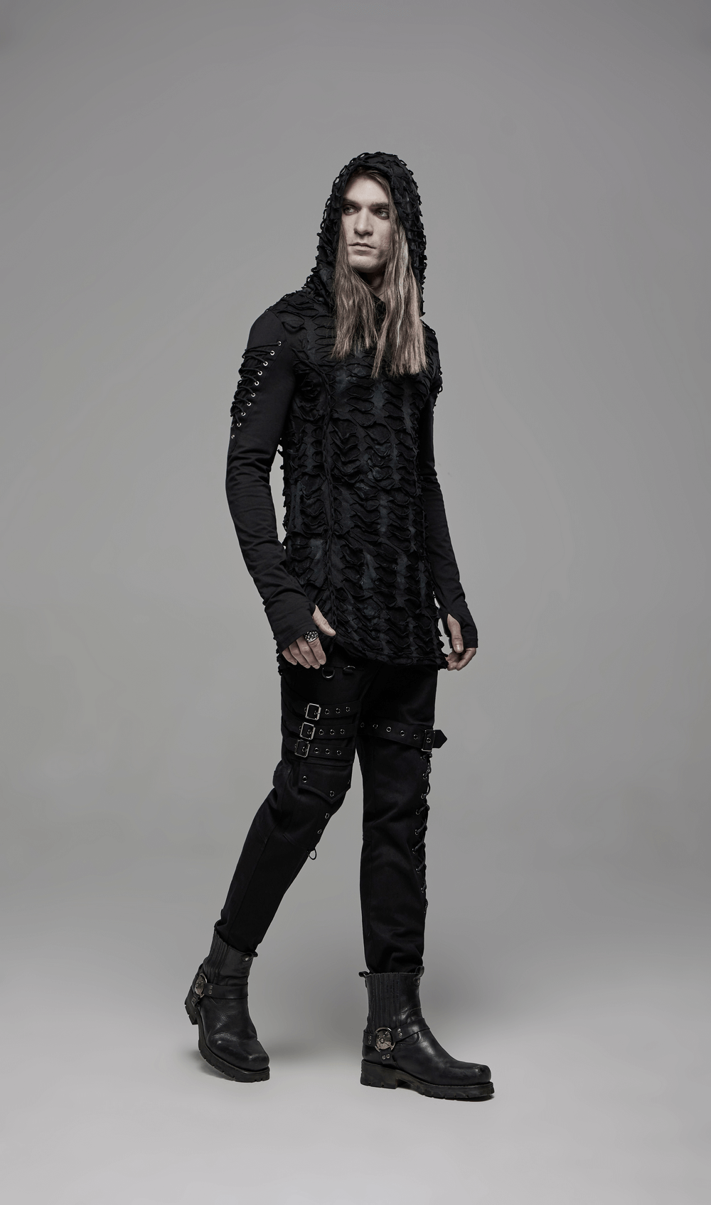 Gothic long sleeves ripped hoodie with lace-up detailing worn by model, showcasing an edgy punk style.