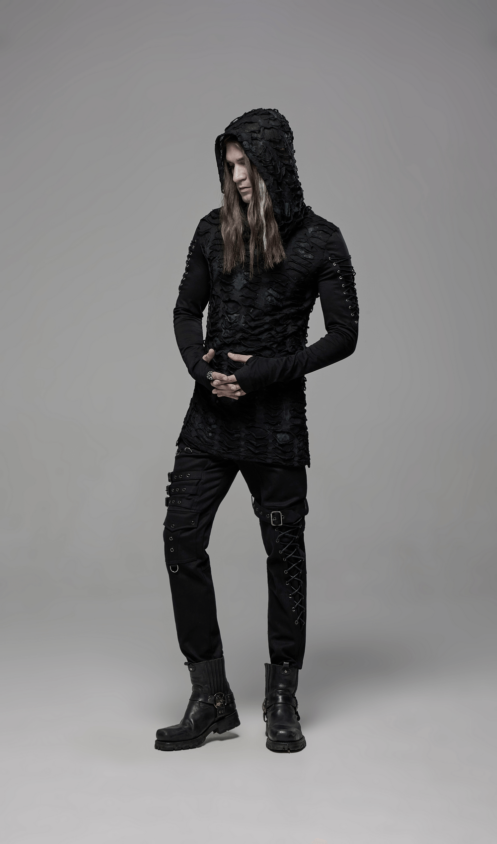 Dark Mysterious Long Sleeves Ripped Hoodie With Lace Up
