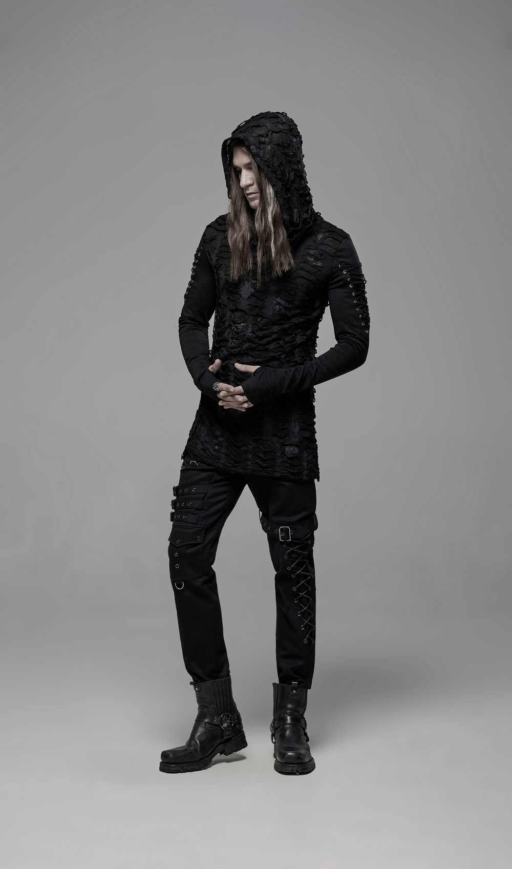 Gothic long sleeve ripped hoodie with lace-up sleeves, adding an edgy touch to a dark outfit.