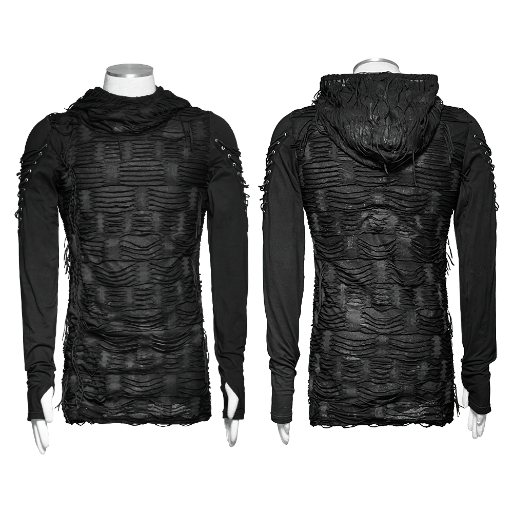 Dark mysterious Gothic hoodie with lace-up sleeves and ripped design, perfect for a punk-inspired look.