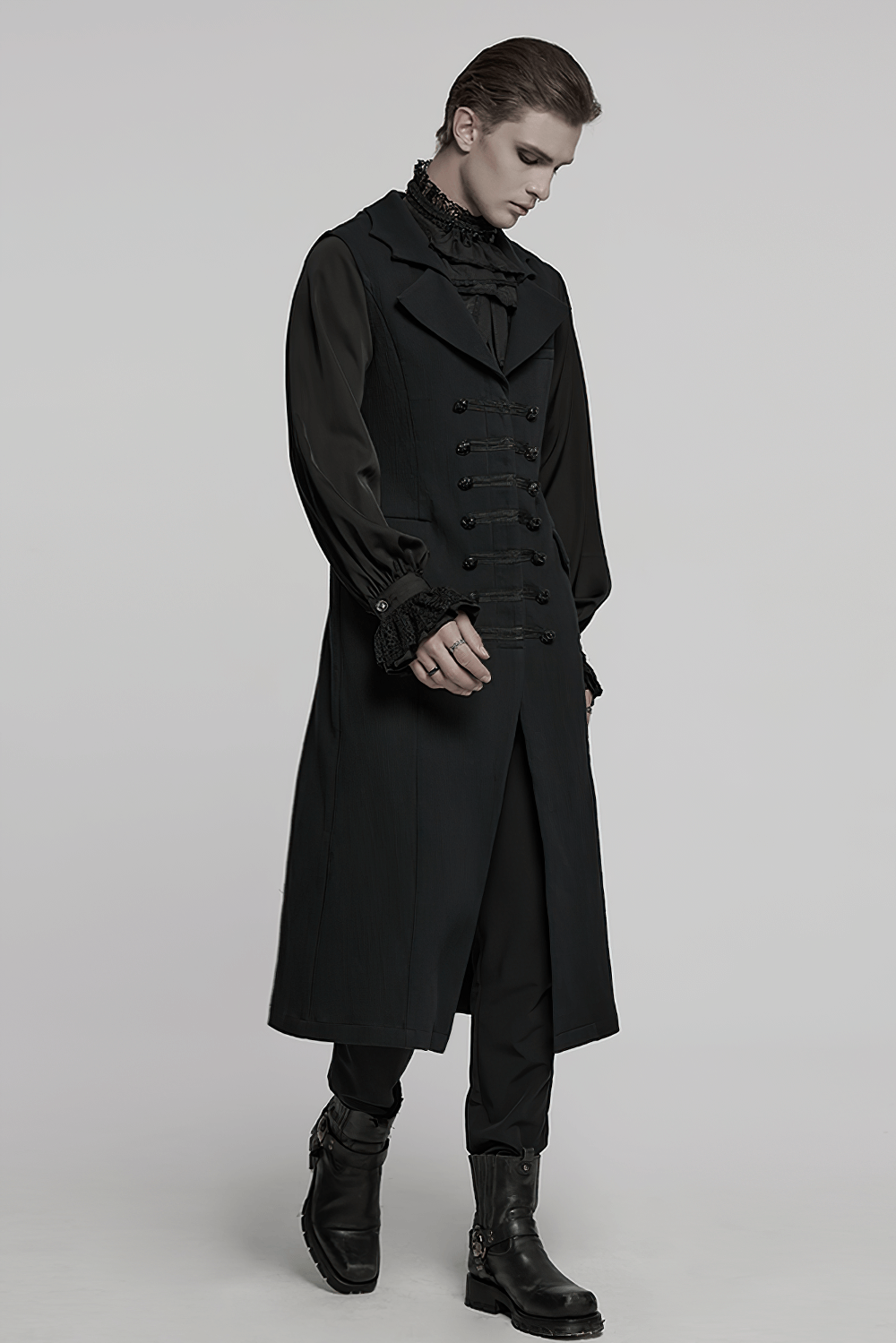 Dark Night Vampire Gentleman Vest with Bat Collar, showcasing Gothic style, intricate details, and elegant silhouette.