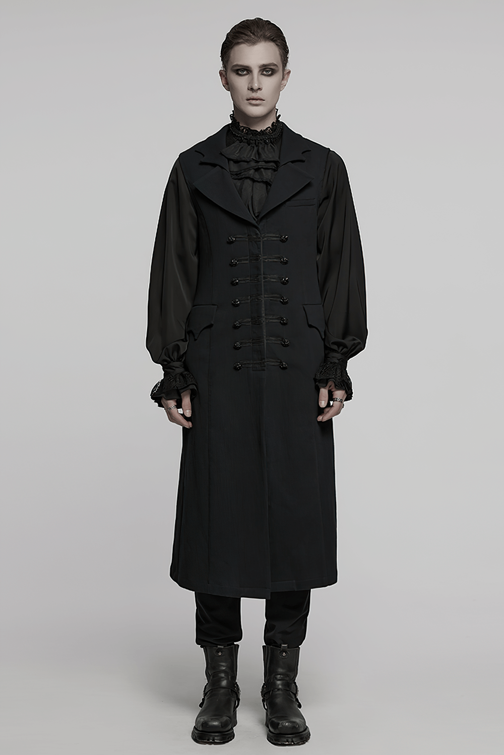 Gothic vampire gentleman in a dark vest with bat collar, exuding elegance and spooky style.