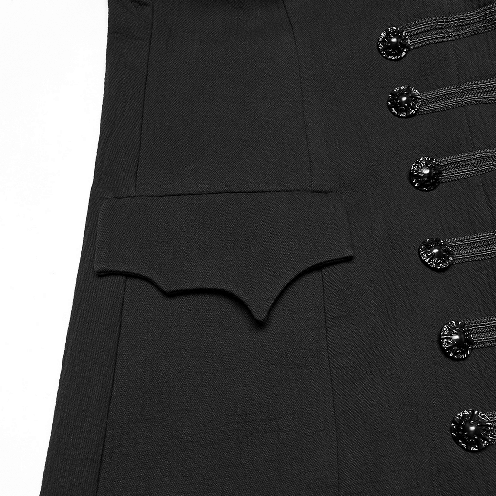 Close-up of the bat collar detail on a Dark Night Vampire Gentleman's vest with ornate buttons.