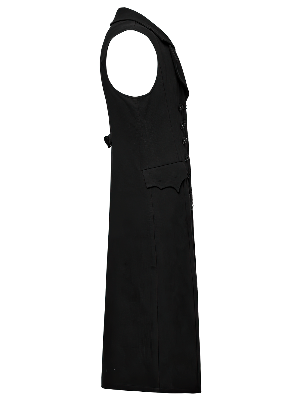 Side view of Dark Night Vampire Gentleman Vest with Bat Collar, showcasing gothic elegance and intricate buckle details.