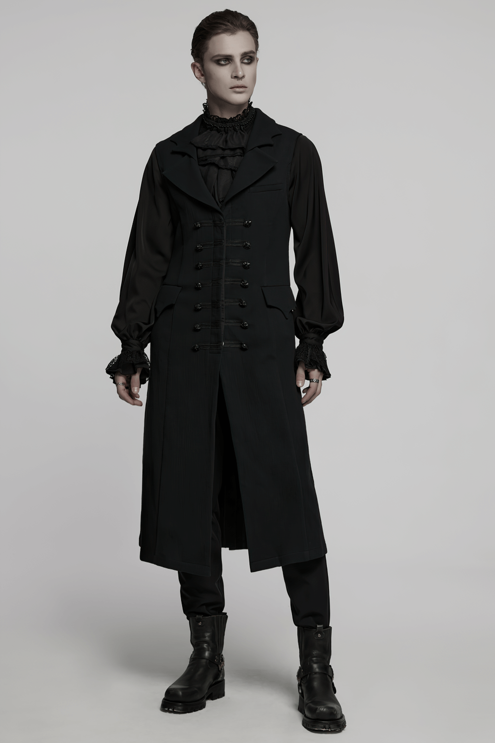 Gothic Dark Night Vampire Gentleman Vest showcasing a bat collar and intricate detailing for a refined style.