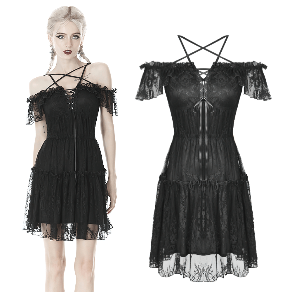 Dark pentagram lace off-the-shoulder dress for women, featuring sheer overlay and seductive silhouette.