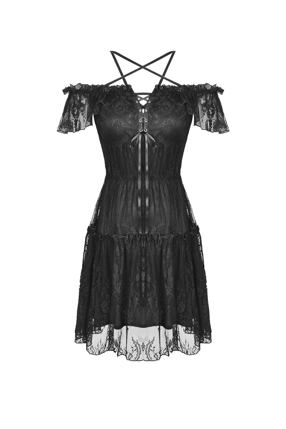 Gothic off-the-shoulder black lace mini dress with pentagram design and seductive silhouette.
