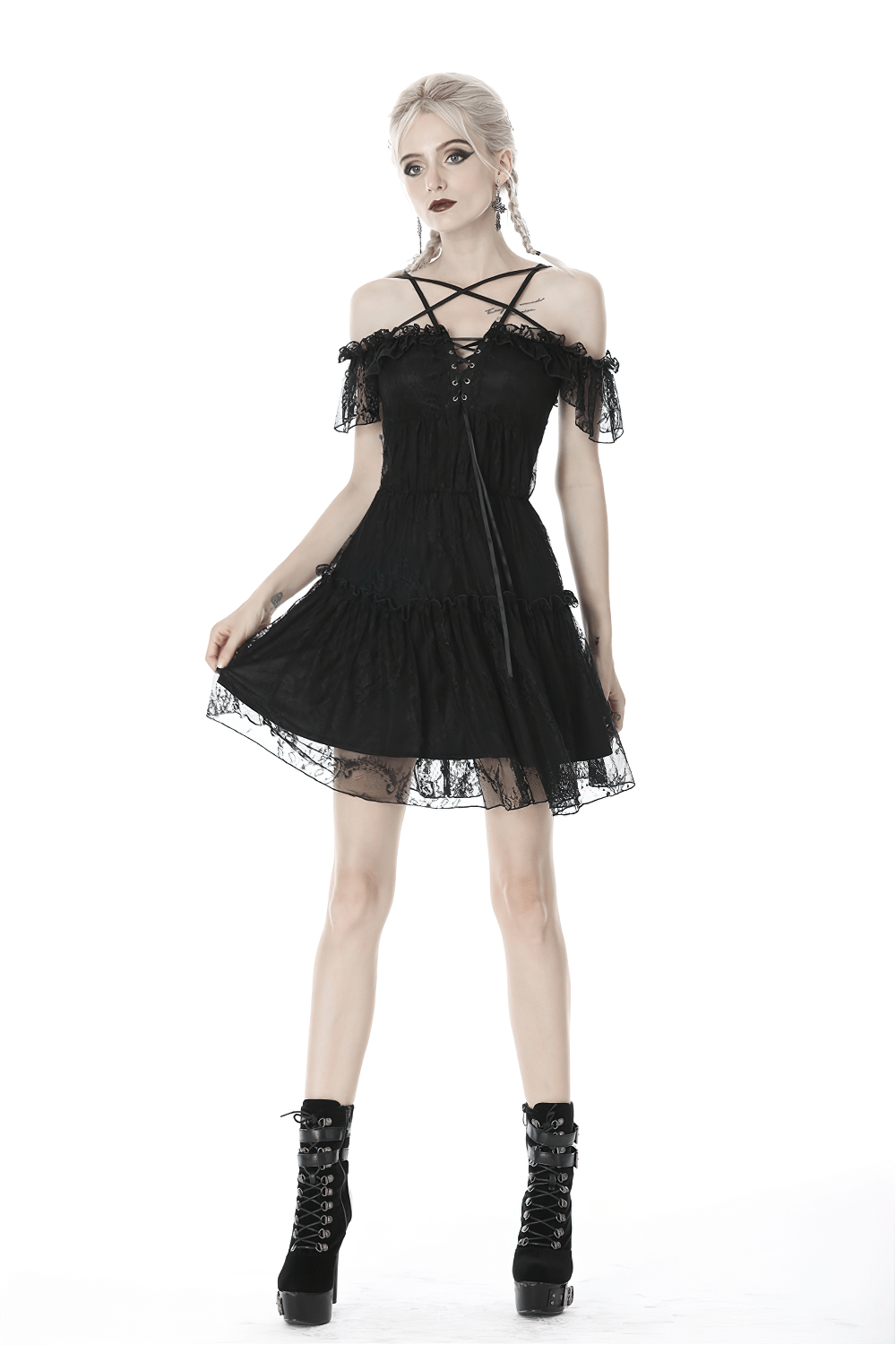 Gothic black off-the-shoulder lace mini dress with pentagram design and short sleeves, perfect for edgy fashion lovers.