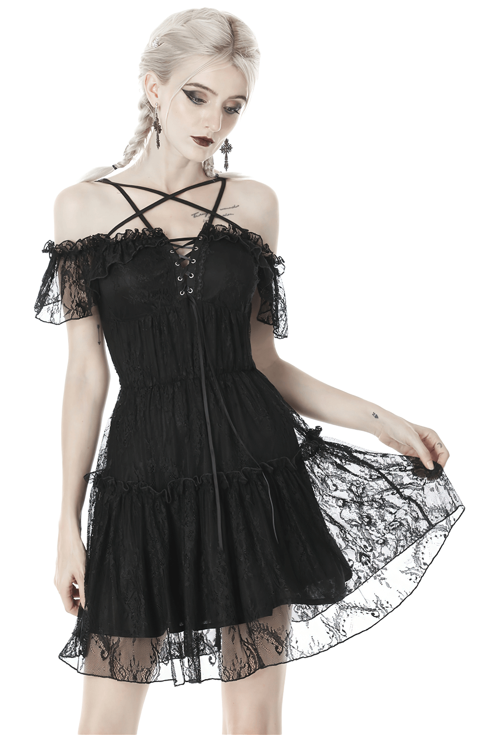 Dark pentagram lace off-the-shoulder mini dress for women, featuring a seductive silhouette and gothic design.