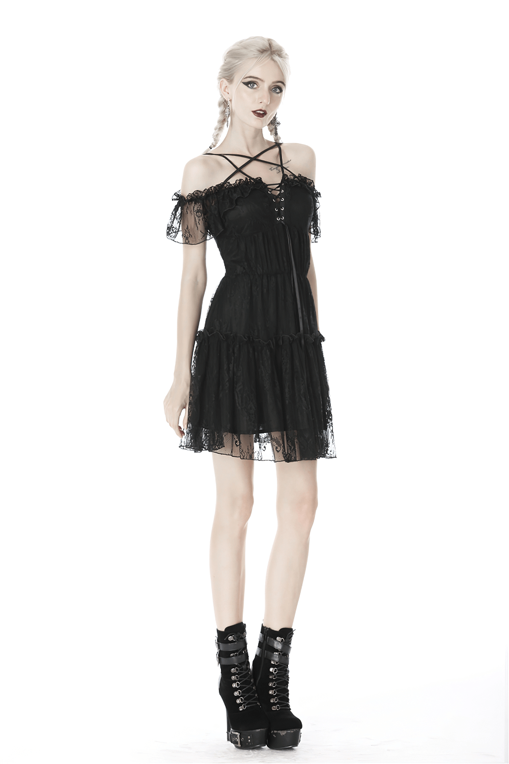 Gothic black lace off-the-shoulder mini dress with pentagram design, perfect for a dark, edgy look.
