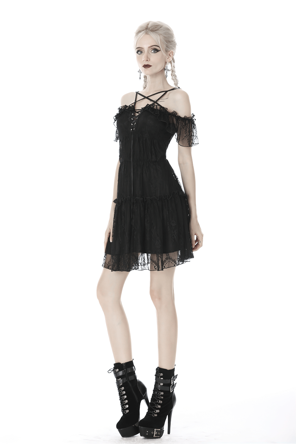 Dark off-the-shoulder lace mini dress with pentagram design, perfect for gothic style lovers.