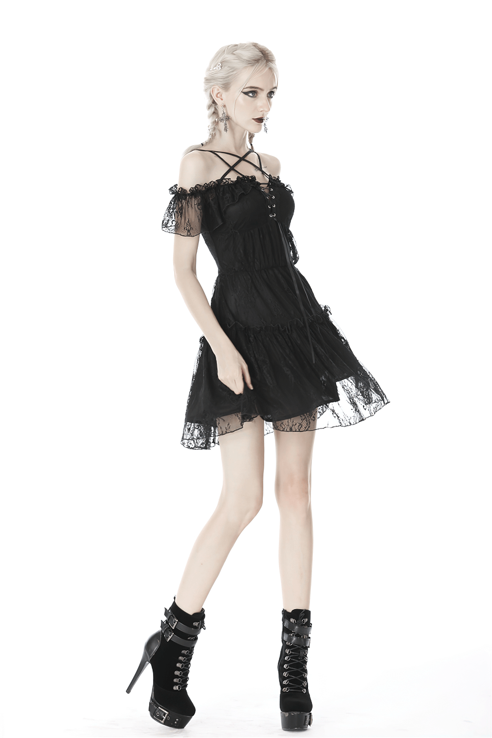 Gothic off-the-shoulder black lace pentagram mini dress for women, stylish and edgy with a delicate silhouette.