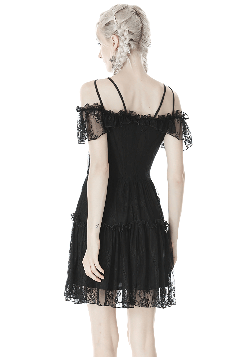 Back view of a dark lace off-the-shoulder mini dress featuring a pentagram design and short sleeves.