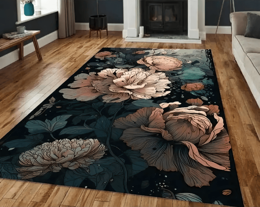 Dark Peony Floral Area Rug for Gothic Living Room with oversized peony blooms in muted color tones on a dark background.