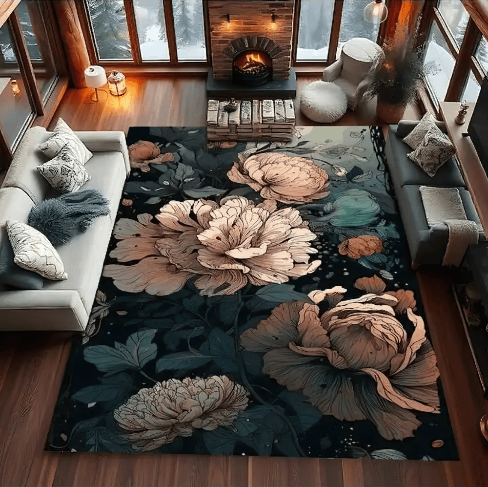 Dark Peony Floral Area Rug for Gothic Living Room showcasing oversized peony blooms on a black background.